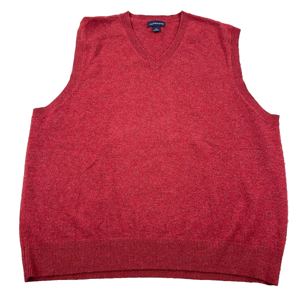 Lands End Sweater Vest Men XL Red Cashmere V Neck Soft Knit Adult VTG